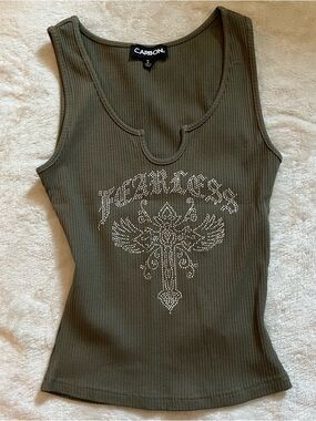 Carbon Olive Green Ribbed Tank with Crystal 'Fearless' Design